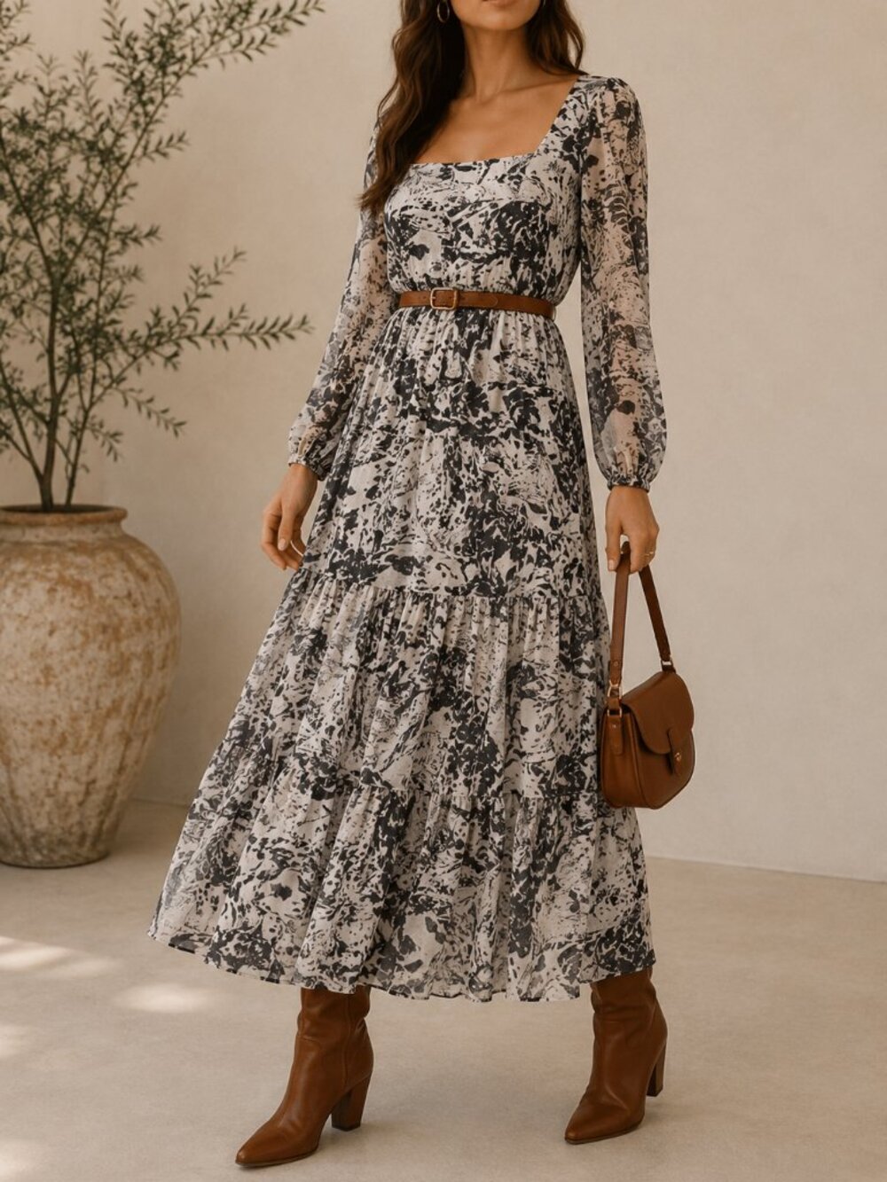 Avec Les Filles Wild Horses Tiered Printed Maxi Dress Square Neck Size 4